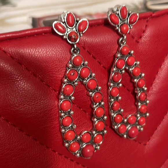 Red Beaded and ornate silver Teardrop Earrings - Picture 3 of 3